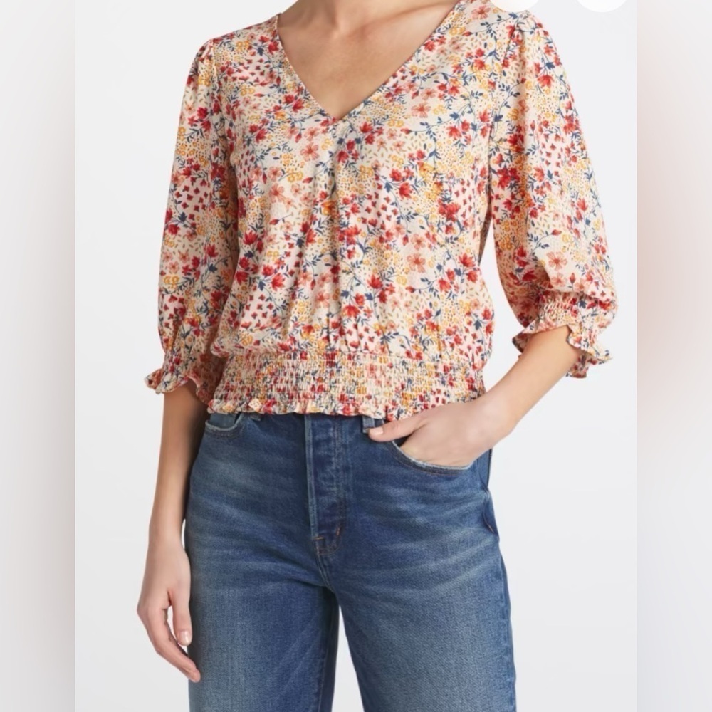 Nine Britton Floral Puff Sleeve Blouse with Smocked and Ruffle Details